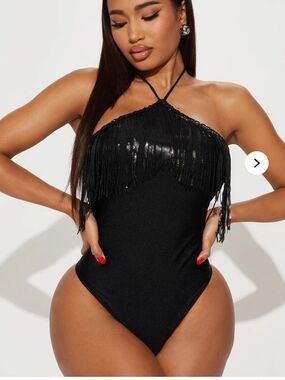 Fashion Nova Drink In My Hand Black Fringe 1 Piece Swimsuit Size S